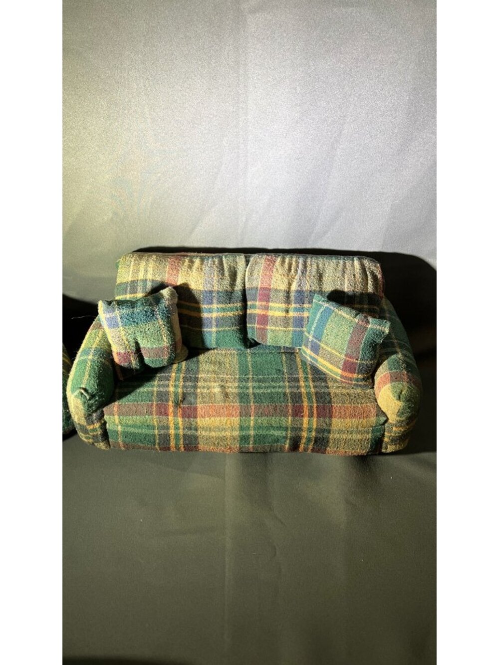 Miniature 1:6 Plaid Living Room Set With Sofa Chair Ottoman Tables & Black Baby - Picture 3 of 11